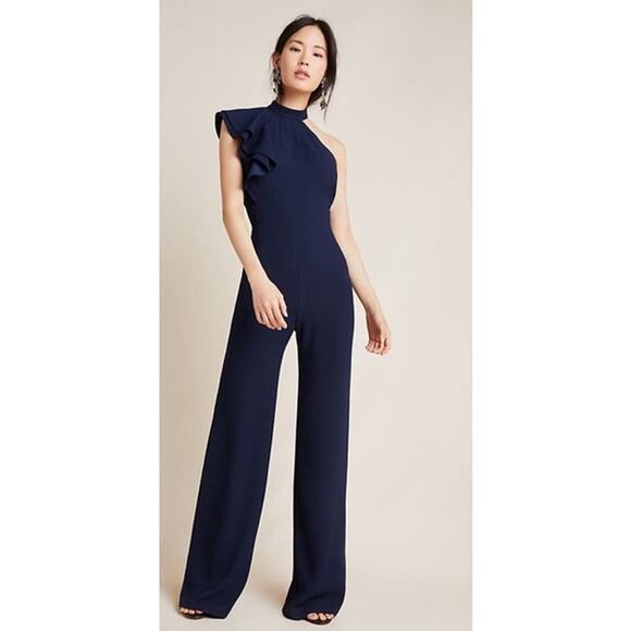 NWT Monique Lhuillier Ruffled Satin Jumpsuit Size 14 Halter Wide Leg Navy Blue - Picture 1 of 9